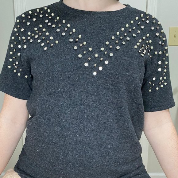 Gray Beaded Short Sleeve Fleece Shirt Size Small - Picture 1 of 5